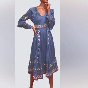 LOVE SAM by ANTHROPOLOGIE | Navy Blue Embroidered Ruffles Boho Midi Dress LP